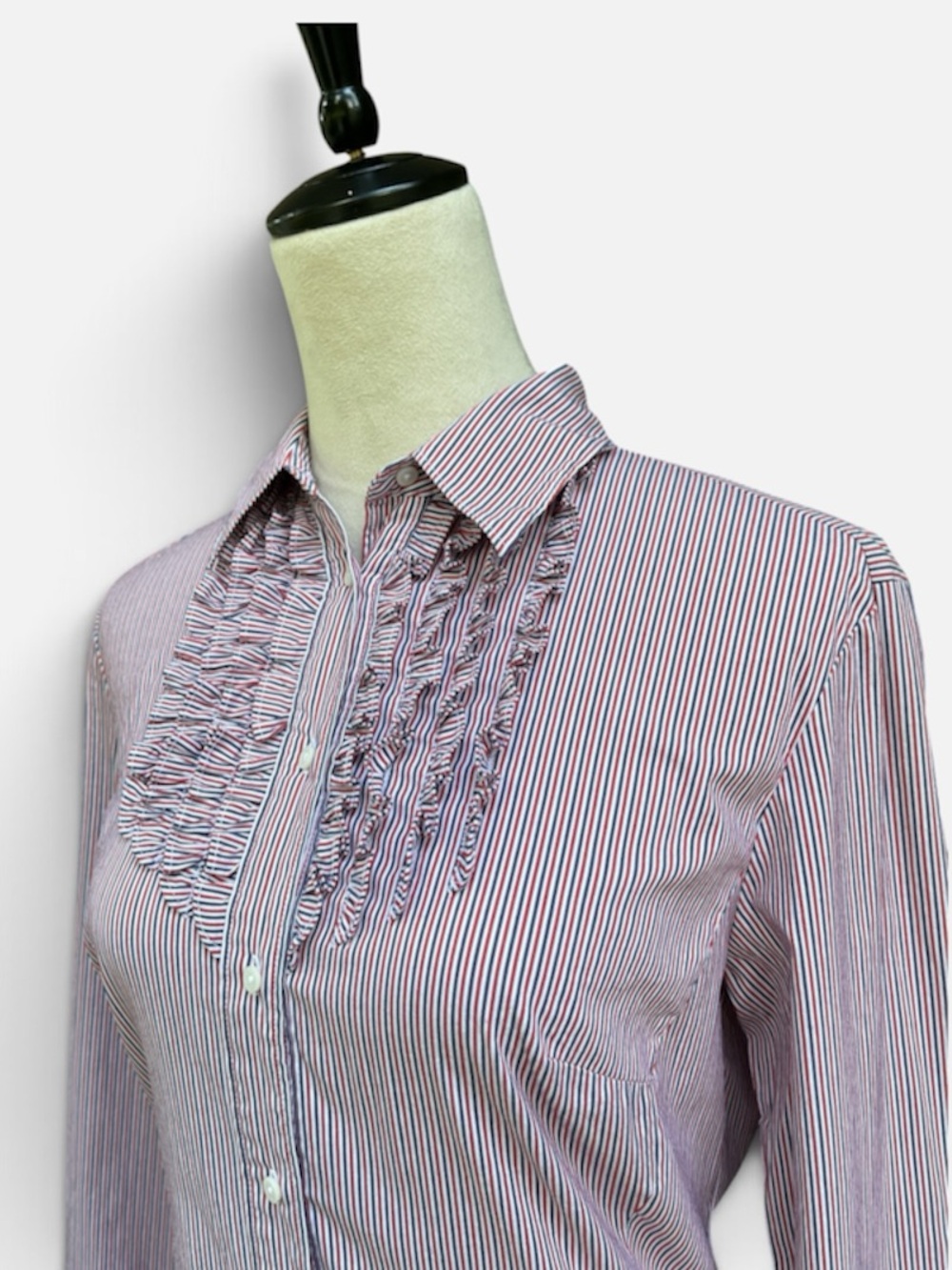 Express Stretch Red & Blue Striped Ruffle Front Button Up Shirt - Size 5/6